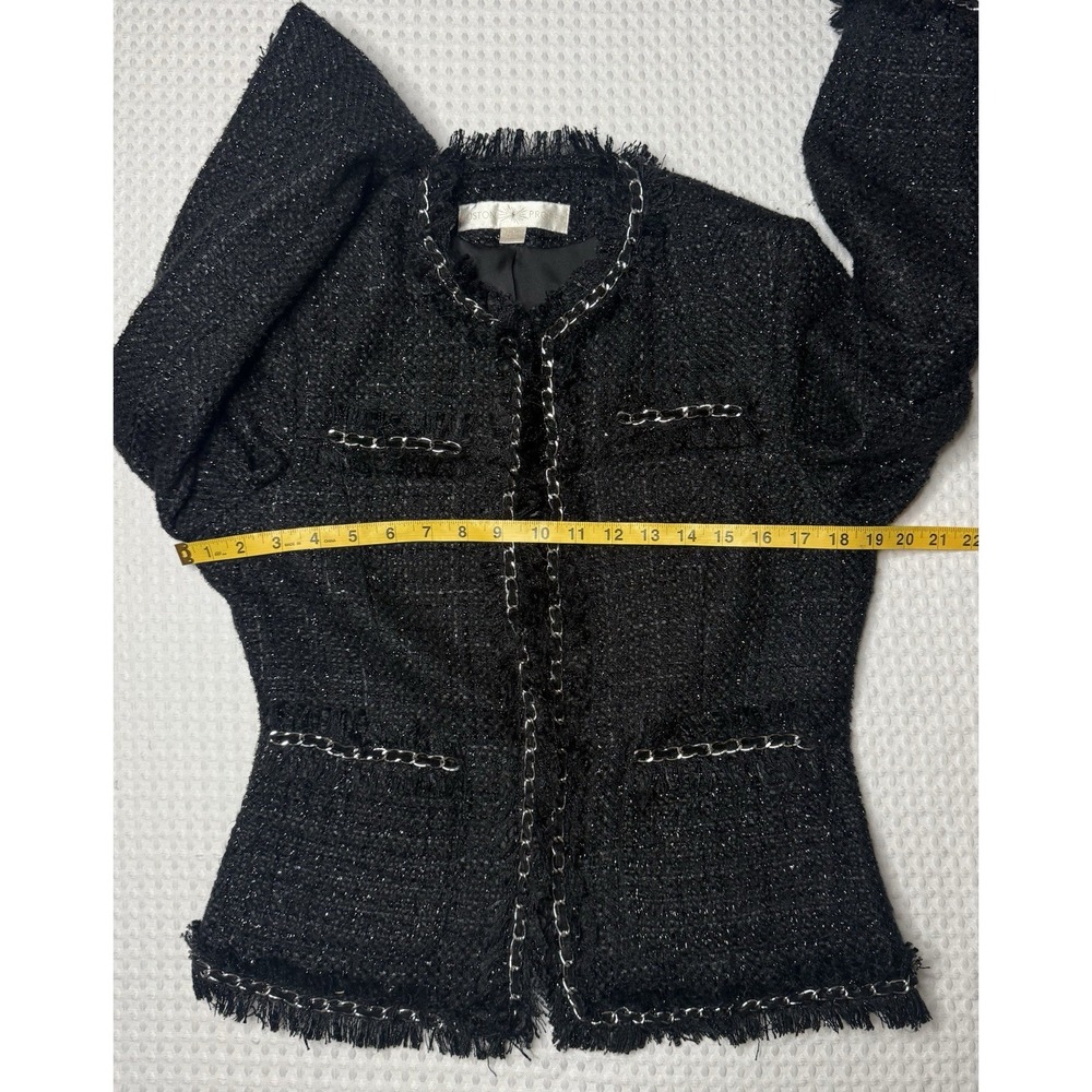 Boston Proper Parisian Shimmer Tweed Jacket SZ 10 Blazer Black Silver Chain Wool - Picture 8 of 10